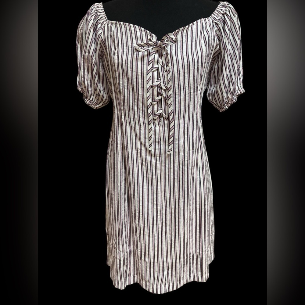 HAYDEN L.A. LACE UP ON OFF SHOULDER PUFF SLEEVE PINK STRIPE MINI DRESS SZ L NWT